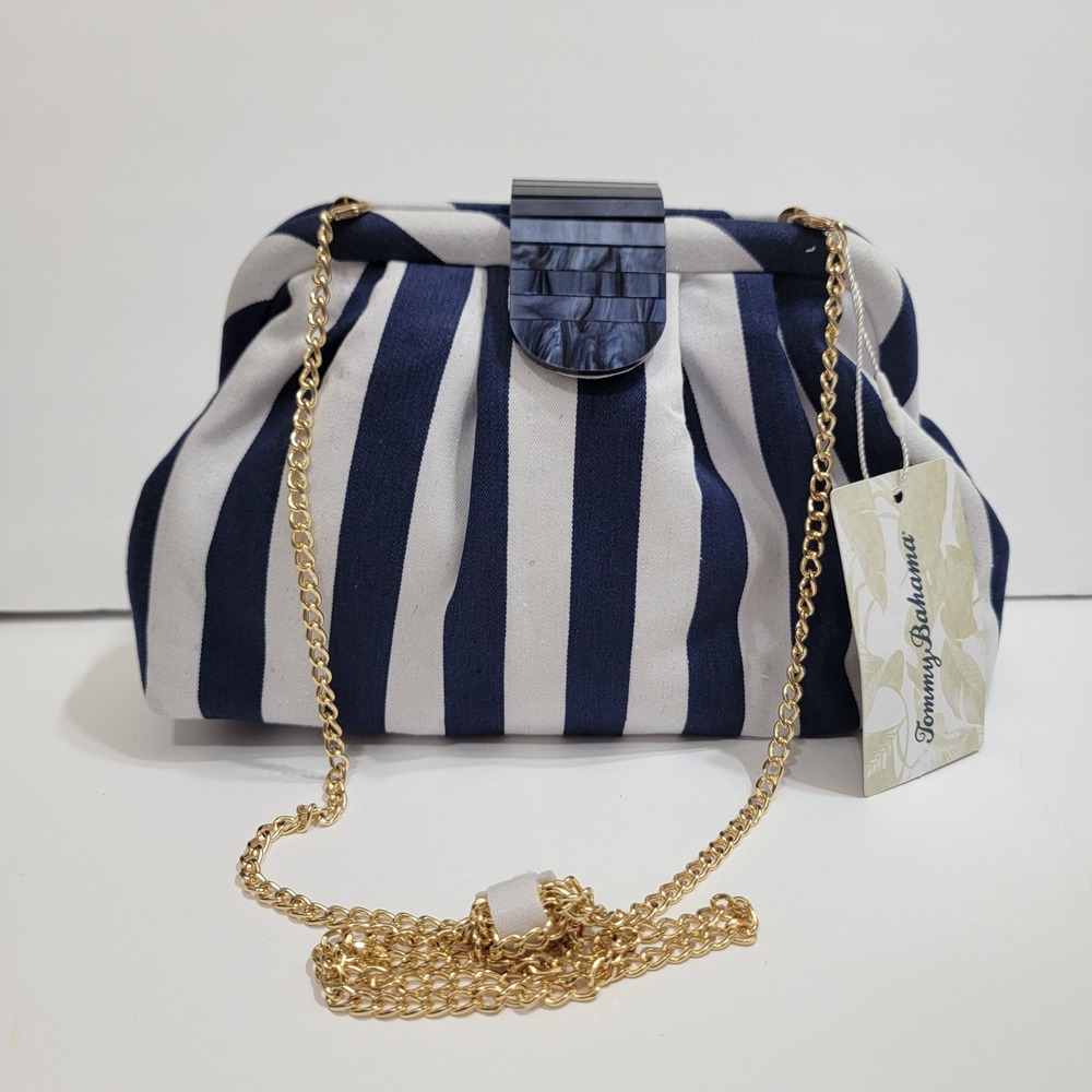 Tommy Bahama Nautical Navy White Striped Cloud Pleated Clutch Crossbody Bag NWT